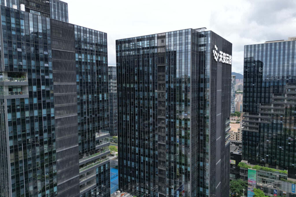 High rise building with tempered curtain wall glass