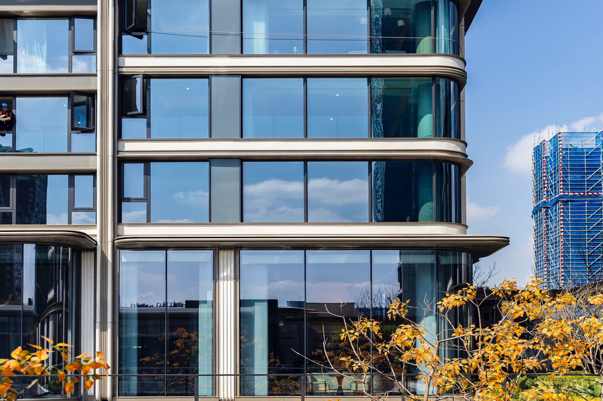 Completed curtain wall glass facade for a modern office building